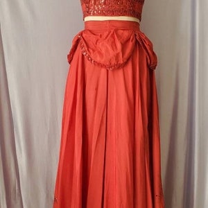 Vintage Mid Century Showgirl Burlesque Costume Red Sequin Swirl Halter Top and Skirt image 4