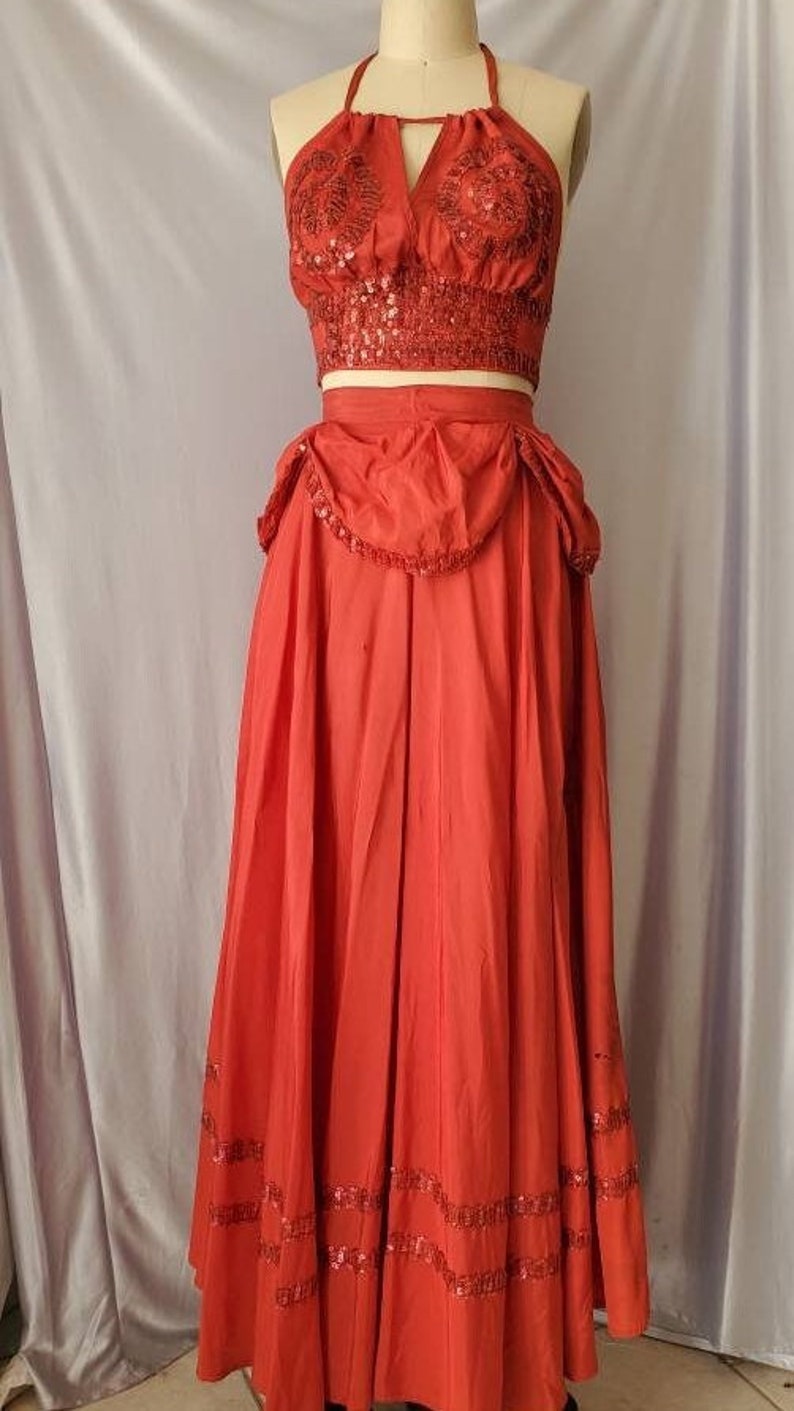 Vintage Mid Century Showgirl Burlesque Costume Red Sequin Swirl Halter Top and Skirt image 4