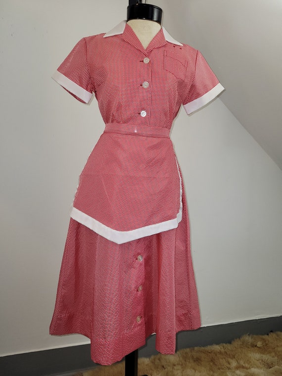 Vintage Waitress Uniform Dress Seersucker Gingham… - image 2
