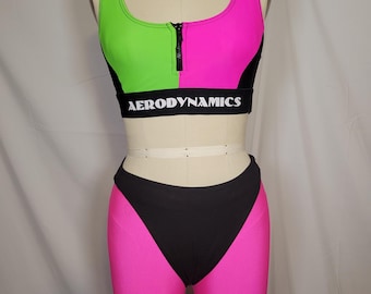 1980s 90s Vintage Work Out Separates Neon Sports Bra Hot Pink Leggings Black Bottoms S/M
