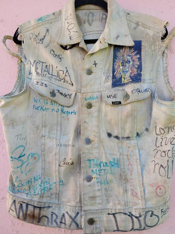 Original Vintage 1980s Metal Punk Vest Handpainte… - image 2