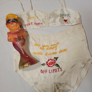 Rare 1940s 50s Vintage Lingerie Set • Sweetheart Lingerie • Bikini Embroidered Sweet •Sour • Off Limits • Zipper Crotch
