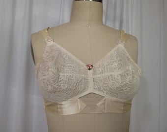 Sujetador vintage blanco de encaje con costuras circulares, estilo bala, años 50 y 60, talla 34C