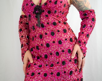Vintage Sequin Beaded Showgirl Gown and Gauntlet Gloves • Fuchsia Caged Collar Gown • Burlesque Costume Dress 38/31/40