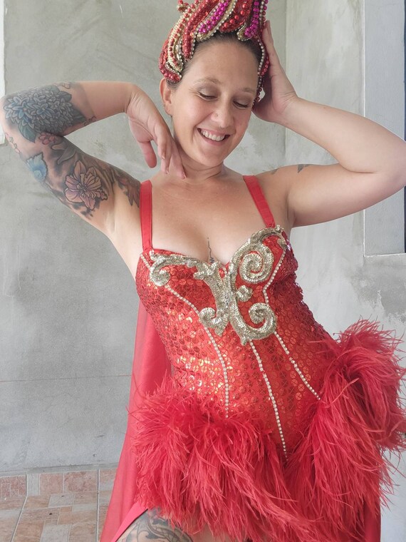 Vintage Showgirl Costume Sequin Feather Cape Las … - image 5