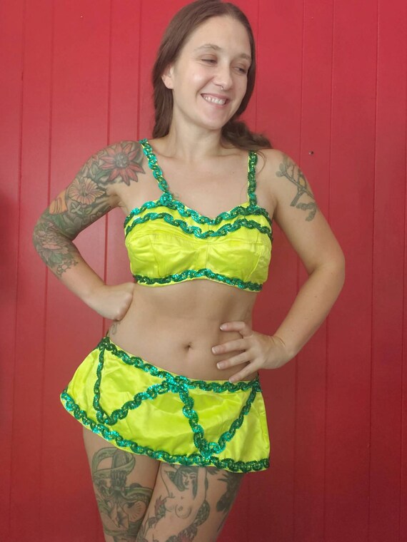 Vintage Neon Sequin Belly Dance Costume • 1960s Da