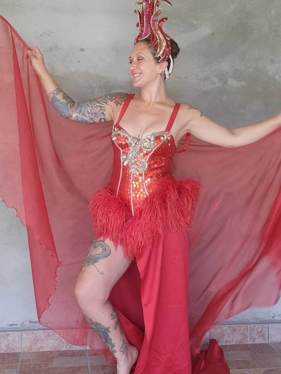 Vintage Showgirl Costume Sequin Feather Cape Las … - image 1