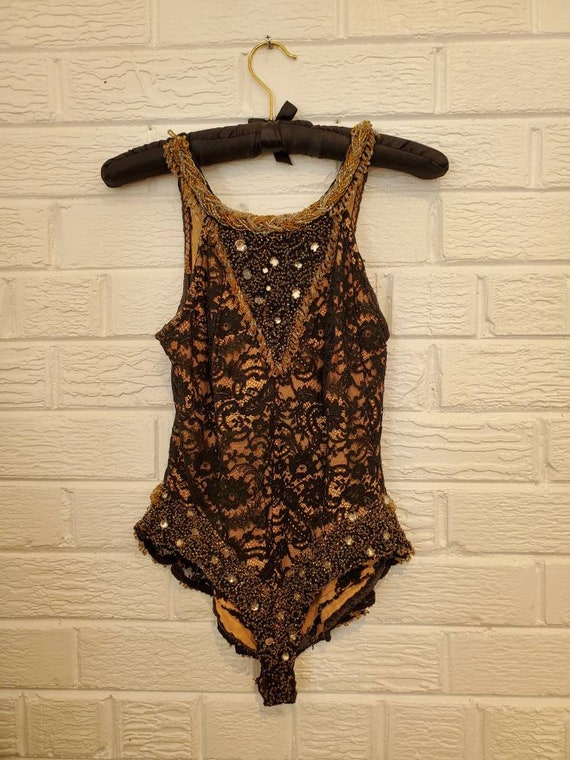 Vintage 1940s 50s Black Lace Beaded Illusion Showg