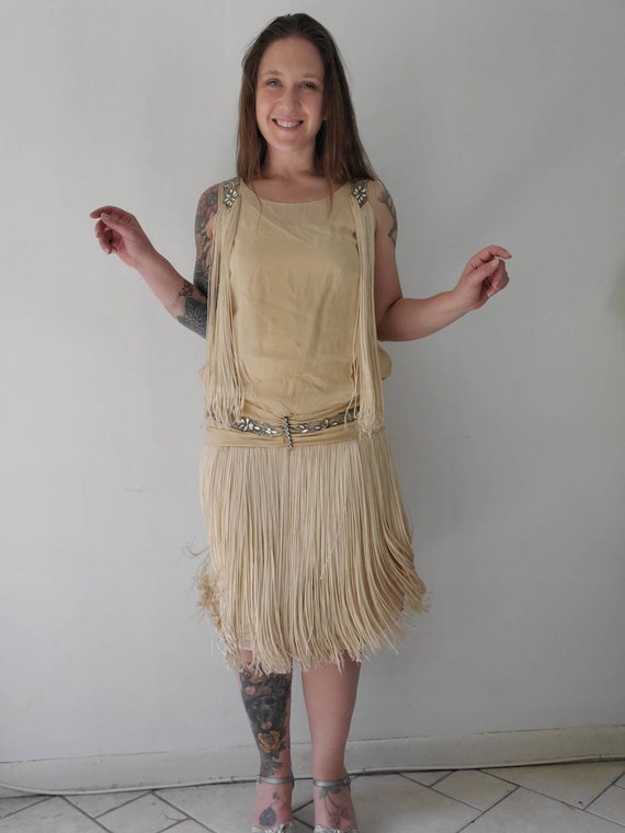 1920s Antique Fringe Rhinestone Flapper Dress • Vi