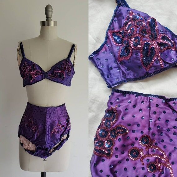 Vintage 1930s 1940s Purple Satin Showgirl Bikini •