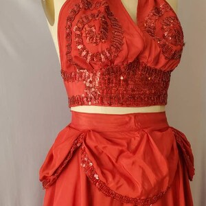 Vintage Mid Century Showgirl Burlesque Costume Red Sequin Swirl Halter Top and Skirt image 3