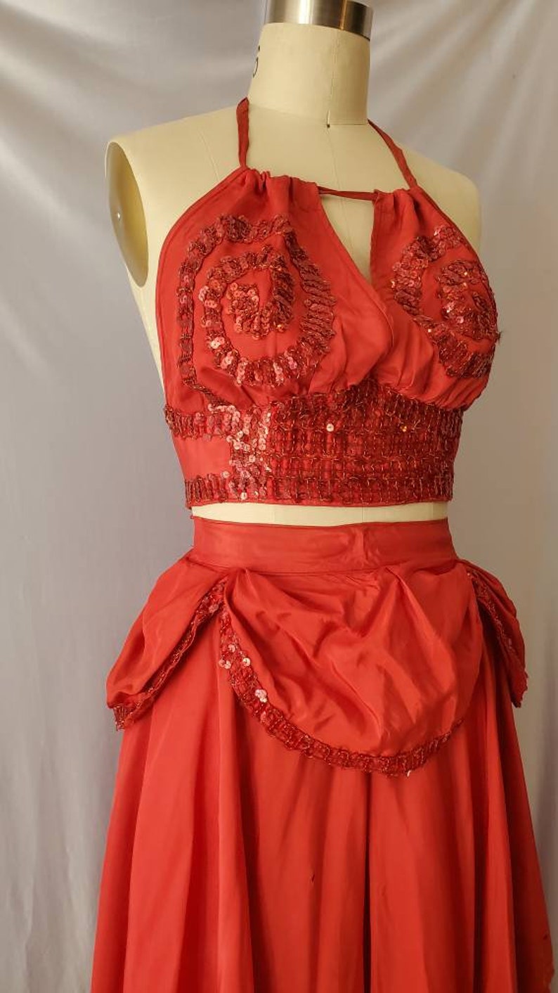 Vintage Mid Century Showgirl Burlesque Costume Red Sequin Swirl Halter Top and Skirt image 3