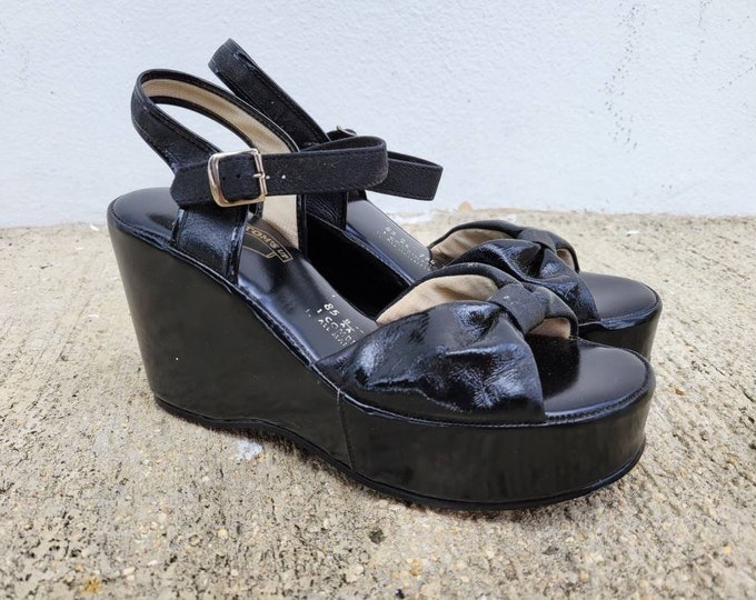 Vintage Platform Sandals Black Patent Leather Size 8.5 BAA Etsy