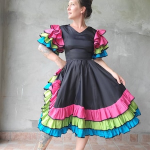 Gorgeous Vibrant Ruffle Vintage Dress Taffeta Showgirl Dancing Dress 34B 27W image 1