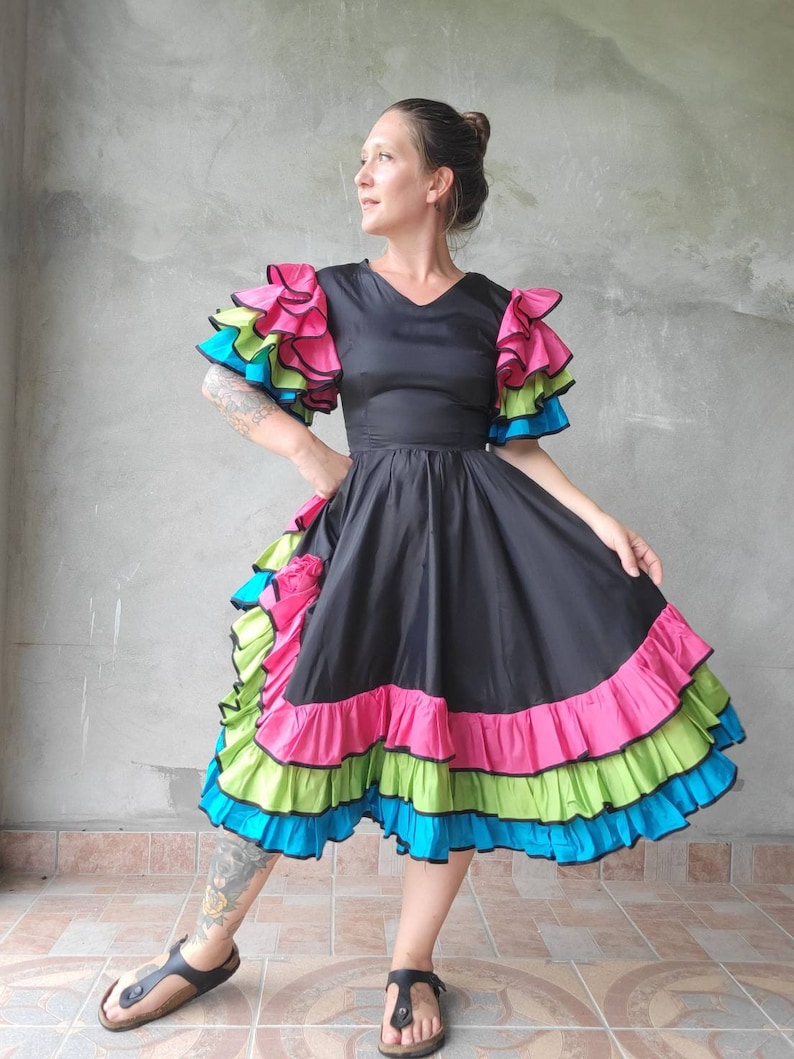 Gorgeous Vibrant Ruffle Vintage Dress Taffeta Showgirl Dancing Dress 34B 27W image 1