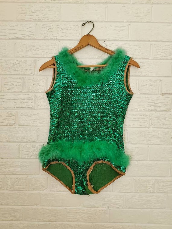 Vintage Emerald Green Sequin Leotard • Marabou Fea