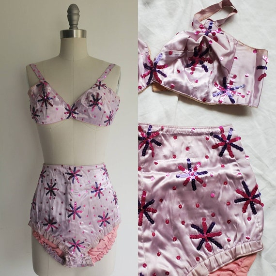 Vintage 1930s 1940s Lavender Satin Showgirl Bikini