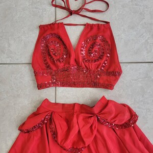 Vintage Mid Century Showgirl Burlesque Costume Red Sequin Swirl Halter Top and Skirt image 10