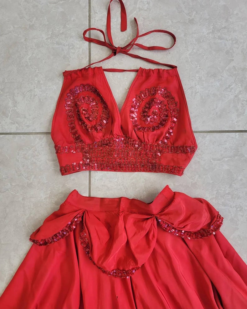 Vintage Mid Century Showgirl Burlesque Costume Red Sequin Swirl Halter Top and Skirt image 10