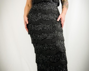 Vintage 1950s 60s Sequin Beaded Fringe Gown Hollywood Glam Showgirl Dress
