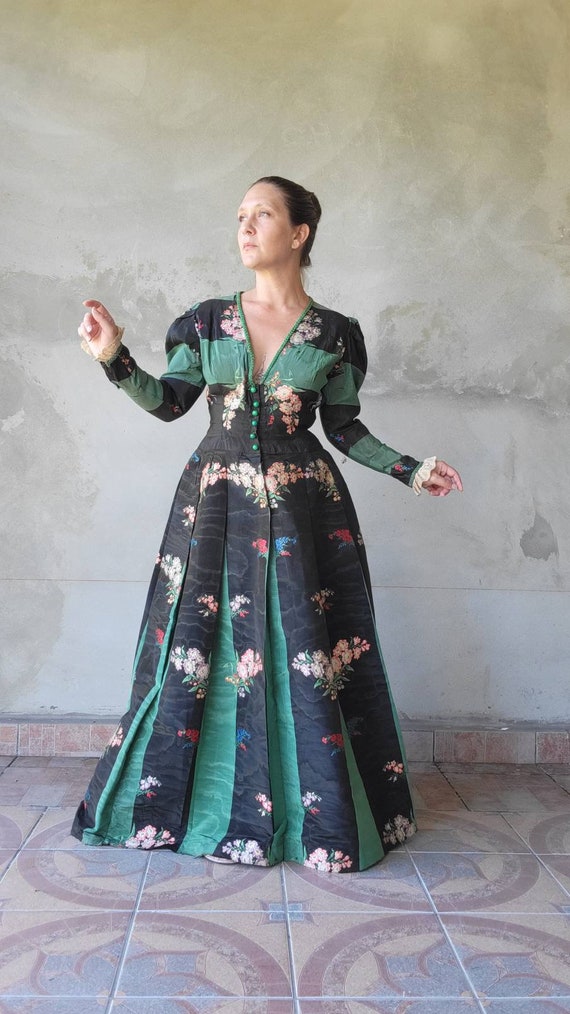 Antique Vintage Moire Silk Taffeta Gown Floral Em… - image 2