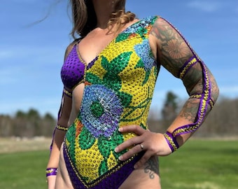 Vintage Floral Sequin Leotard Circus Showgirl Costume Cut Away Bodice and Sleeves S/M Adult