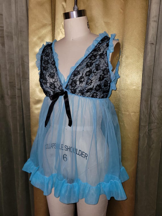 blue babydoll lingerie dress Vintage 1960s Sheer Nylon Baby Doll Size Medium Black Tie Wedding Guest subcat:basic-dresses and a sheer mesh Color:Deep Maroon / Light Gold