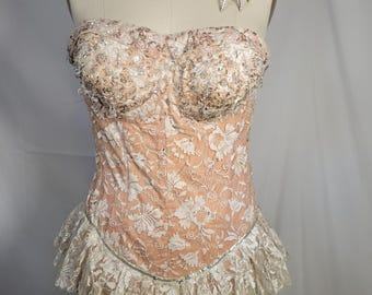 Gorgeous 1940s 50s Vintage Showgirl Costume • Lace Bodice Glass Bead Details XS/SM