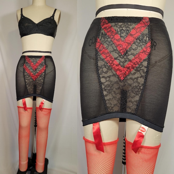 Vintage 1950s 60s Mid Century Pinup Girdle Black Lace Red Chevron Garter  Belt Shapewear - Etsy