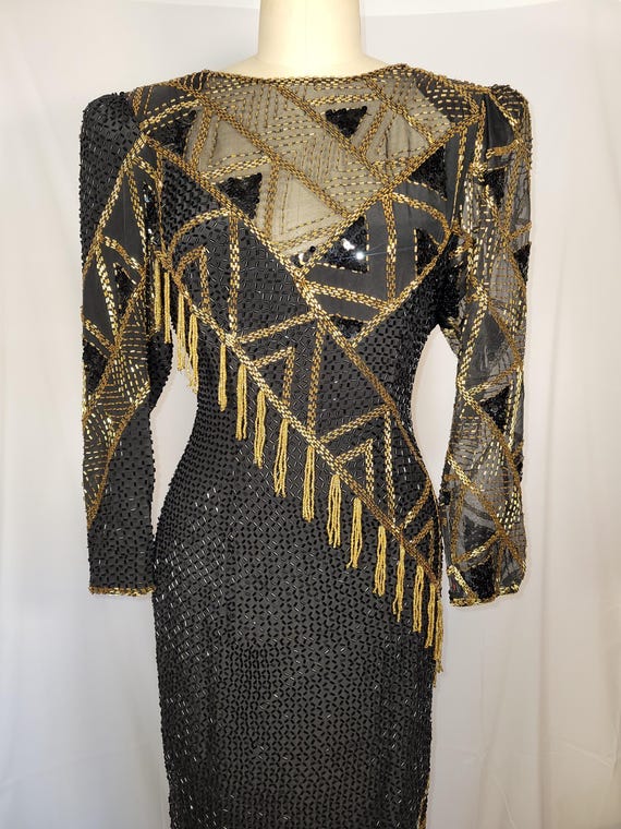 black and gold geometric dress Vintage Beaded Gown Sho Max Fringe Asymmetrical Skirt Sz 26W web