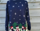Oversized Blue Holiday Snowman Ugly Christmas Sweater Size Small