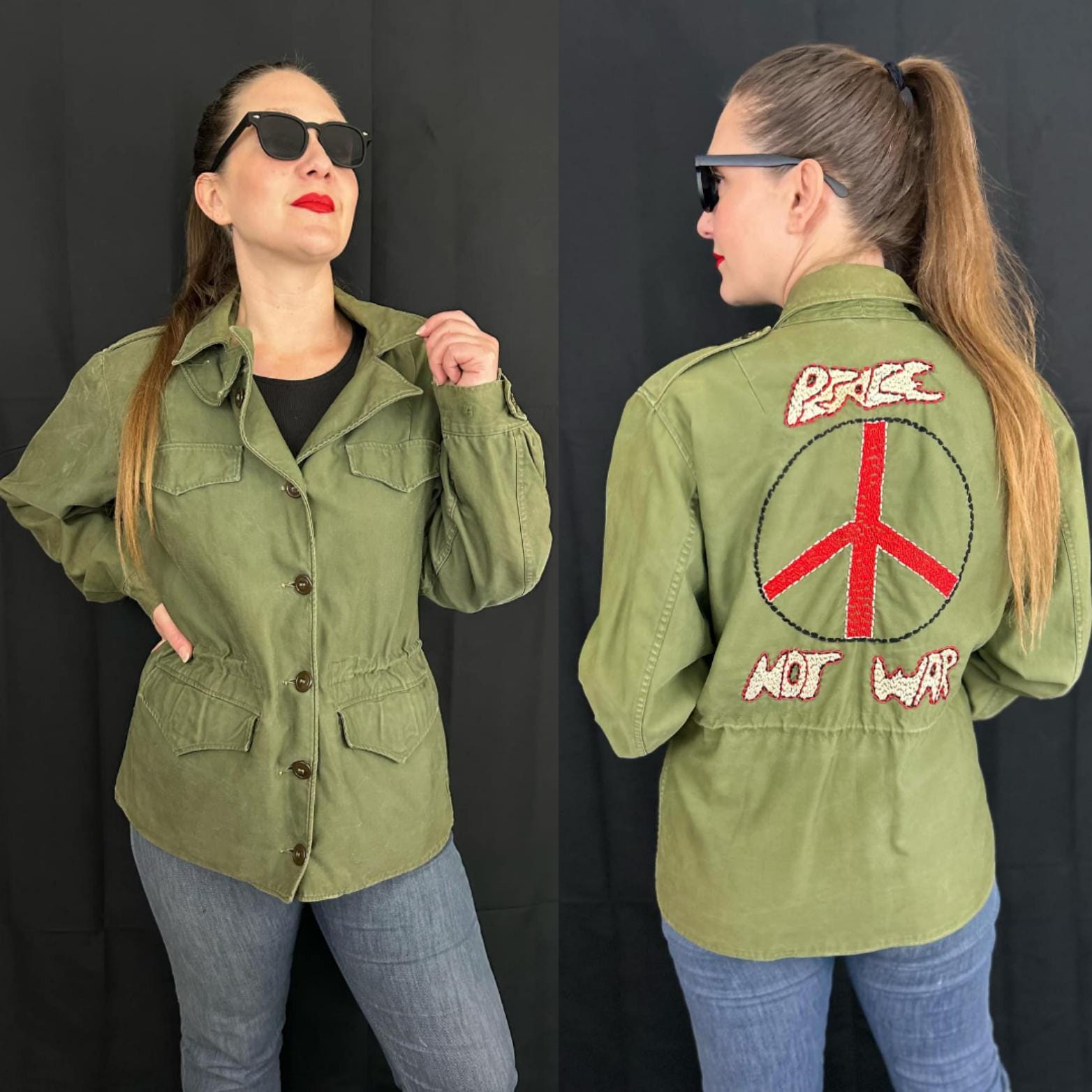 Vintage 1943 Military Field Jacket Womens 14R Handstitched Peace Sign Not War