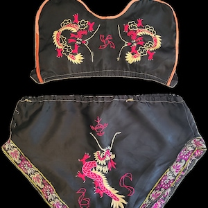 Vintage 1940s 50s Sweetheart Lingerie Set • Embroidered Bra and Bottoms Dragons • WWII Era Vintage Lingerie Bikini