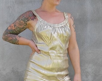 Vintage 1950s 60s Gold Lamé Swimsuit • Deweese Gold Lurex Bathing Suit with Rhinestone Trim and Matching Swimming Cap