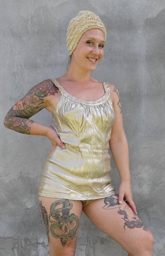 Vintage 1950s 60s Gold Lame Swimsuit Deweese Gold Lurex Bathing Suit with Rhinestone Trim and Matching Swimming Cap