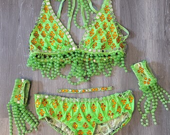 Vintage Neon Green and Orange Showgirl Bikini Beaded Fringe Rhinestone Details S/M