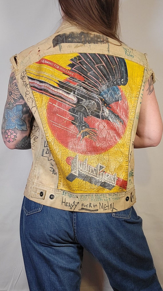 Original Vintage 1980s Metal Punk Vest Handpainte… - image 1