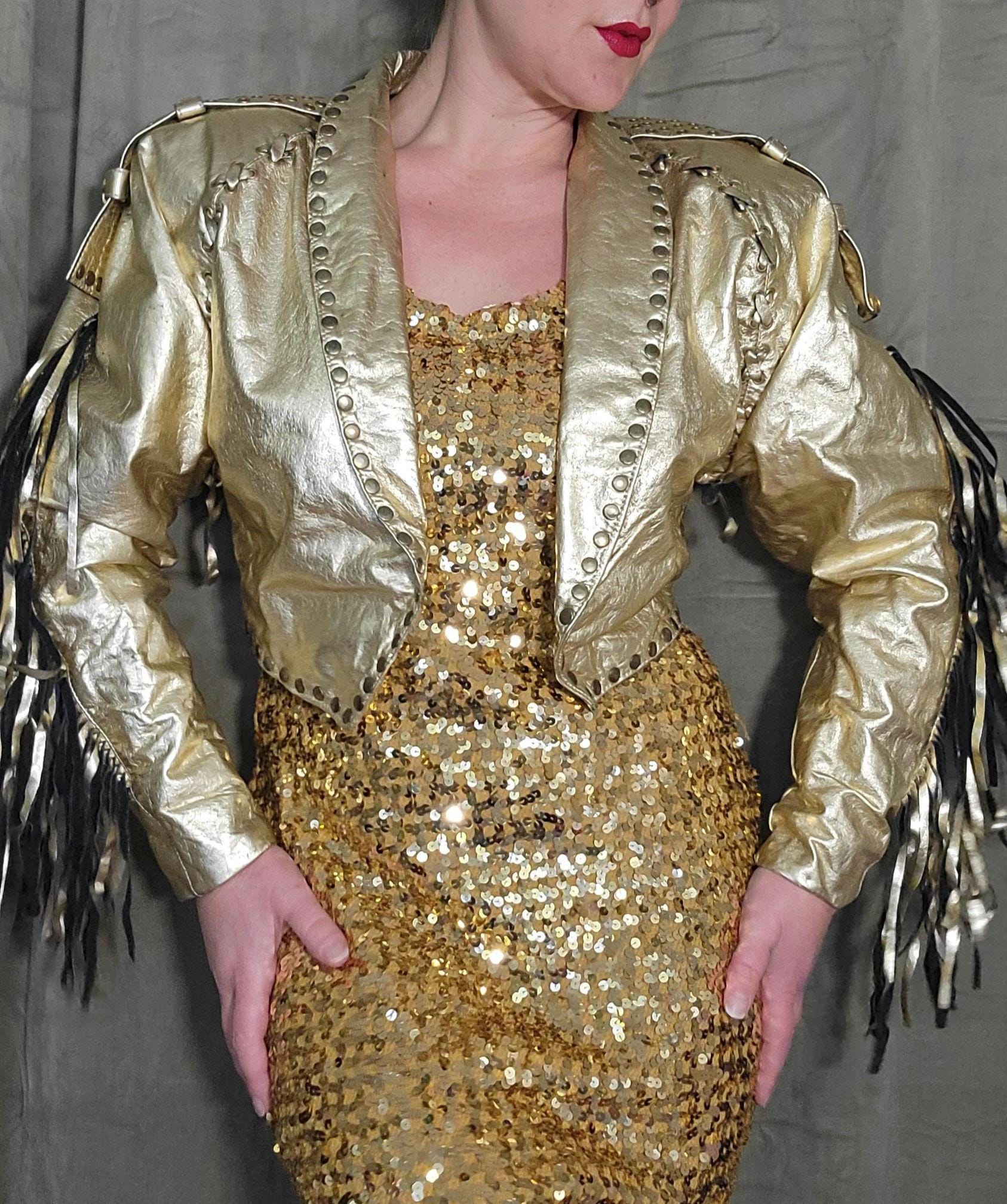 Vintage 1980s 90s Gold Leather Jacket Fringe Star Studded 