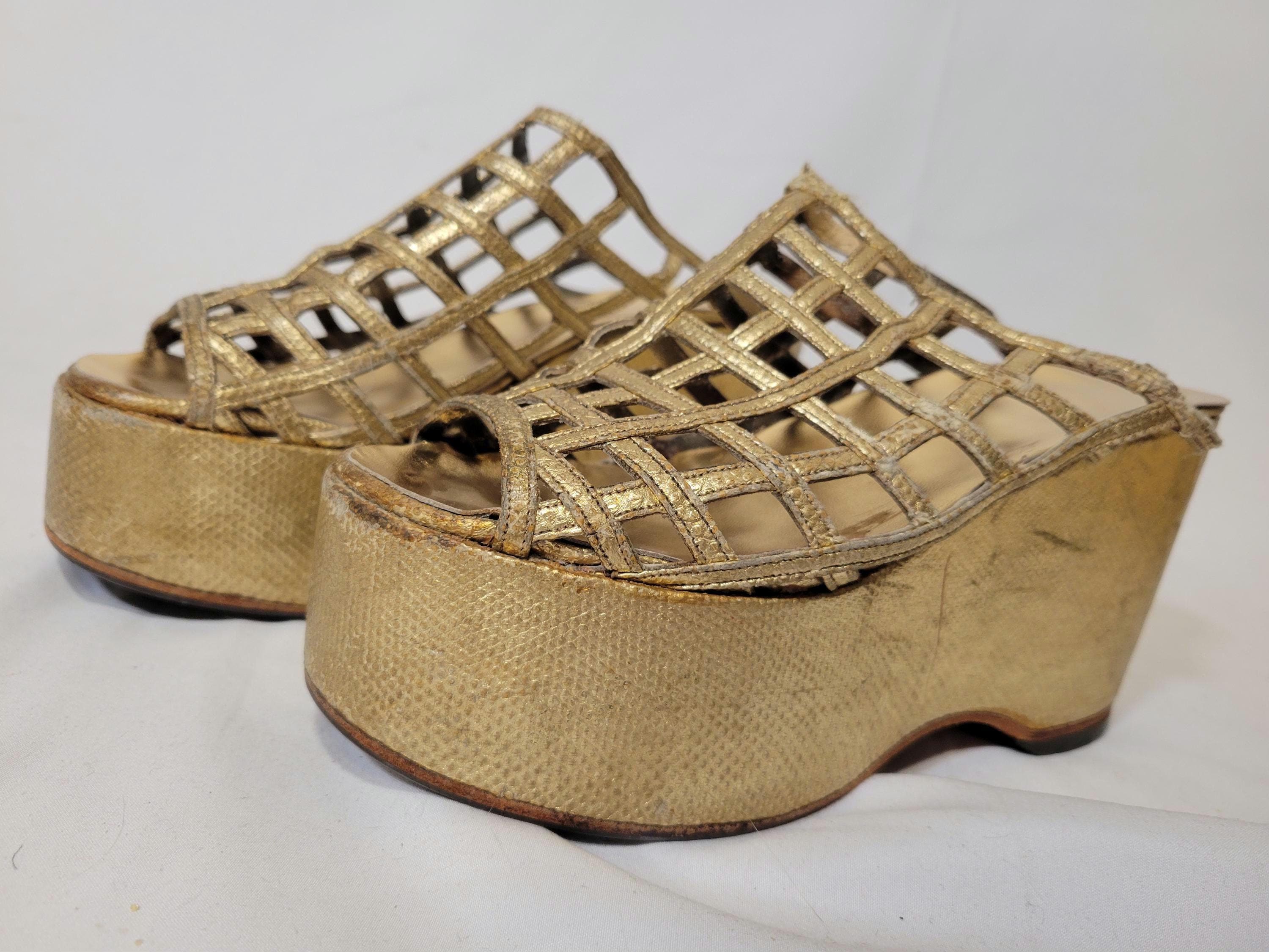 Vintage 1970s Platform Heels 70s Gold Cage Platforms US Womens