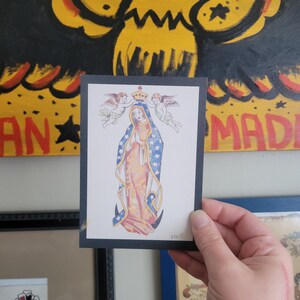 Carte postale flash tatouage vintage des années 1990, artiste Lotteva Wagner Davis, impression d'art tatouage religieux