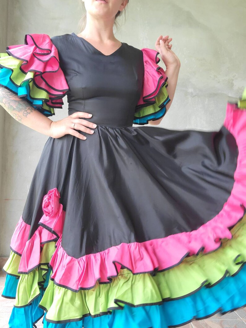 Gorgeous Vibrant Ruffle Vintage Dress Taffeta Showgirl Dancing Dress 34B 27W image 9