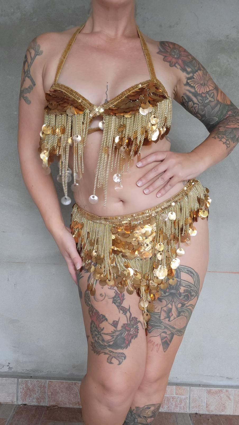 Vintage 1970s Gold Sequin Burlesque Belly Dance Costume Bra and