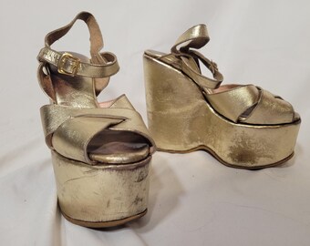 Vintage 1970s Platform Heels 70s Gold Platforms US Womens