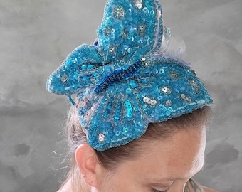 Vintage Sequin Butterfly Headpiece • Beaded Morpho Butterfly Showgirl Headpiece