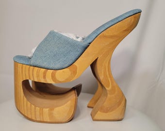Vintage Platform Heels Carved Wooden Heel Platform Shoes 90s