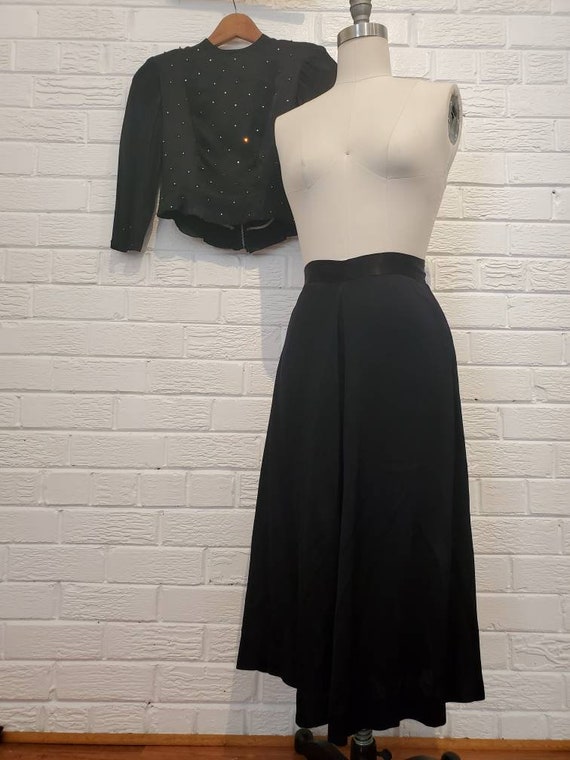 Vintage Black Silky Satin Set • Rhinestone Blouse