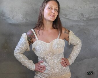 Vintage Mid Century Showgirl Costume and Gauntlet Gloves • Black Lace and Rhinestone Costume