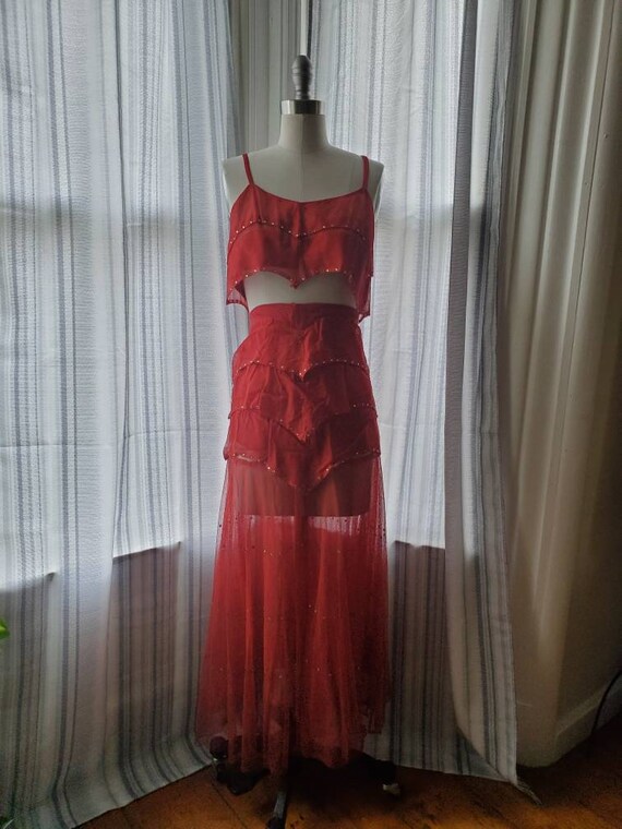 Vintage 1930s 40s Showgirl Two Piece Dress • Red M