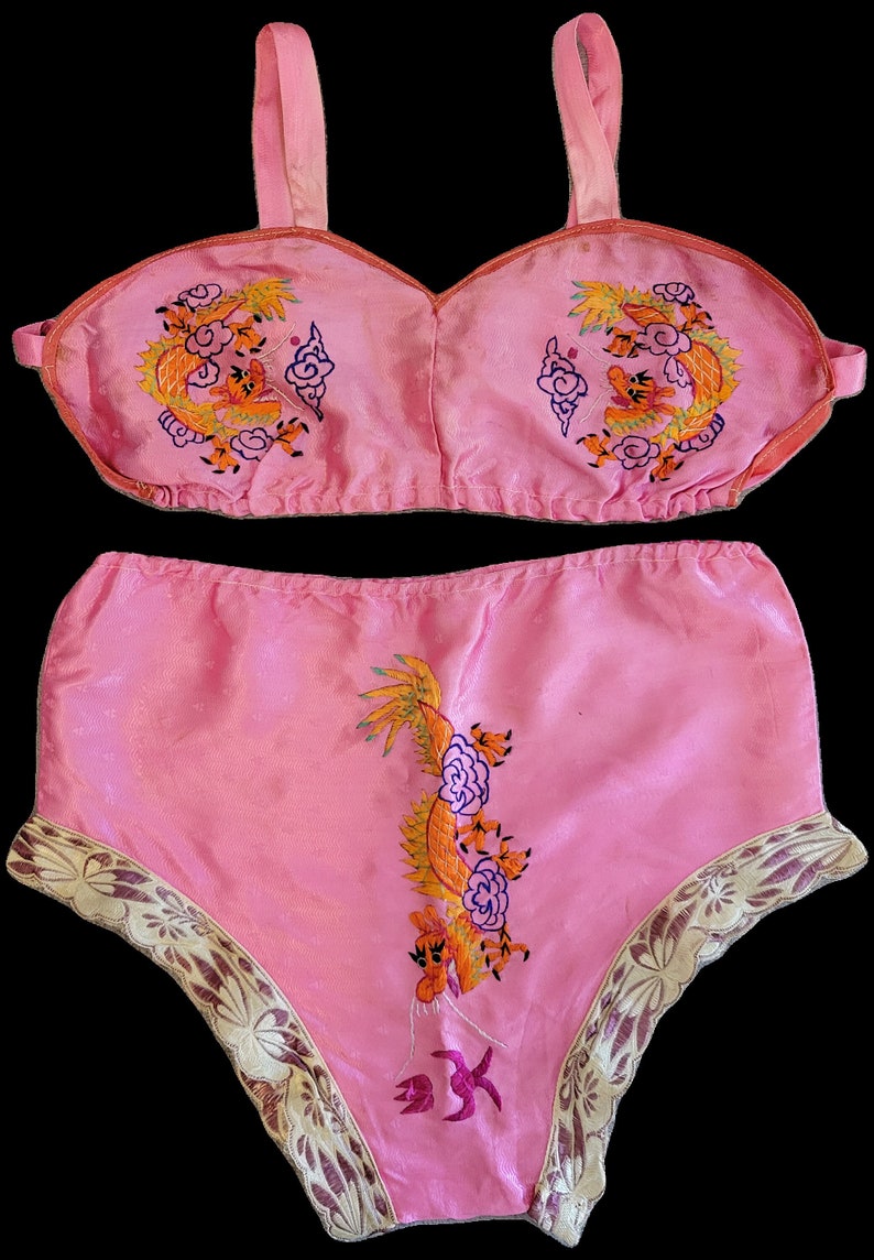 Vintage 1940s 50s Sweetheart Souvenir Lingerie Set Embroidered Dragons Vintage Lingerie Bikini image 1