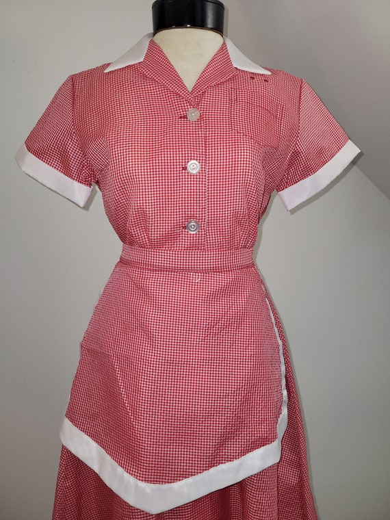 Vintage Waitress Uniform Dress Seersucker Gingham… - image 4